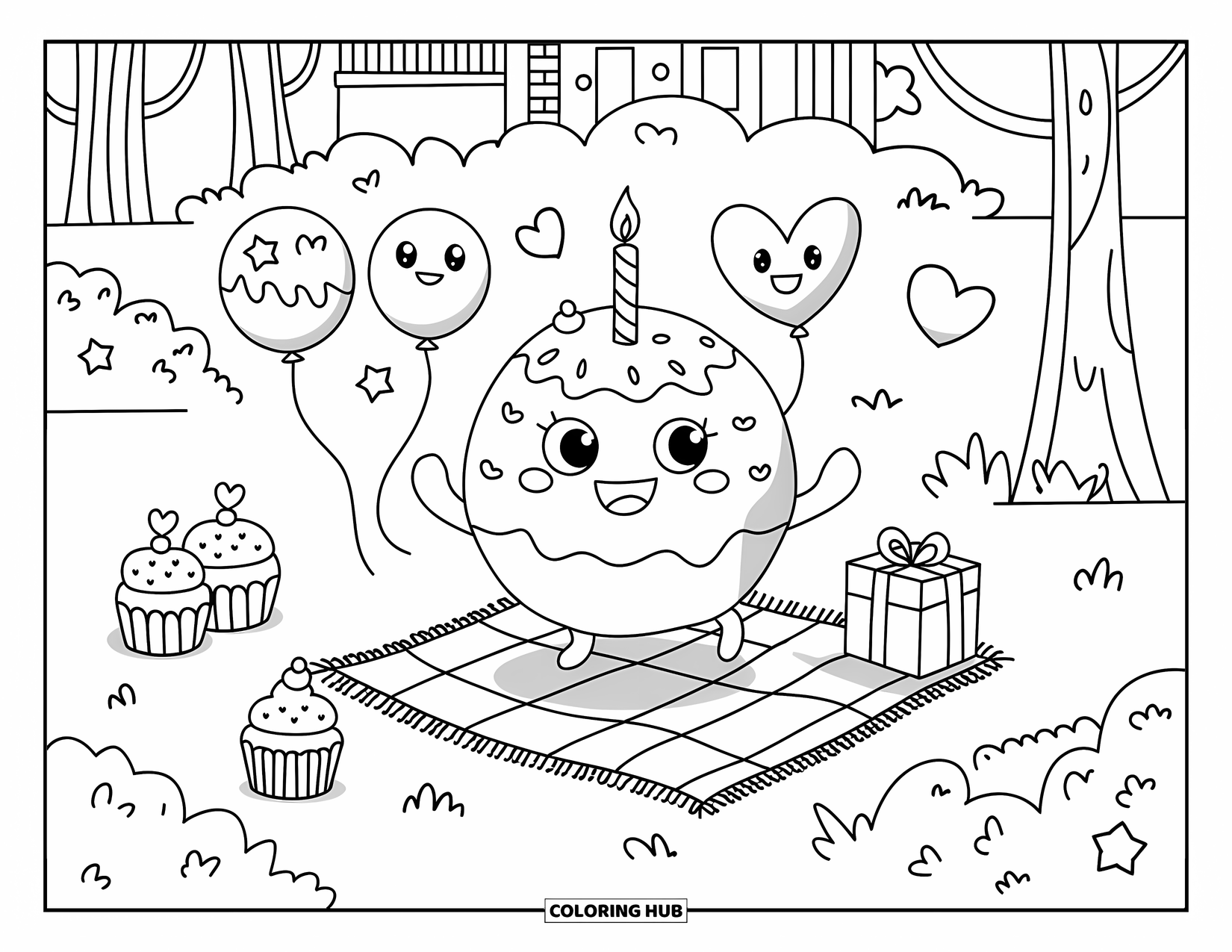 Birthday Cake Coloring Page for Adults: A smiling cake with a candle and party hat bounces near cupcakes and heart balloons