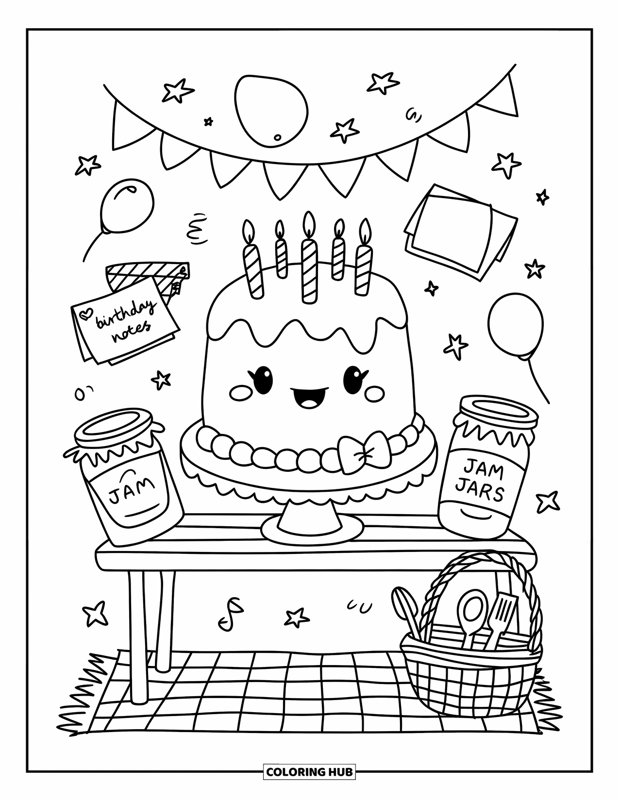 Birthday Cake Coloring Page for Adults: A sweet cake rests on a bench surrounded by party notes, jam jars, and utensils