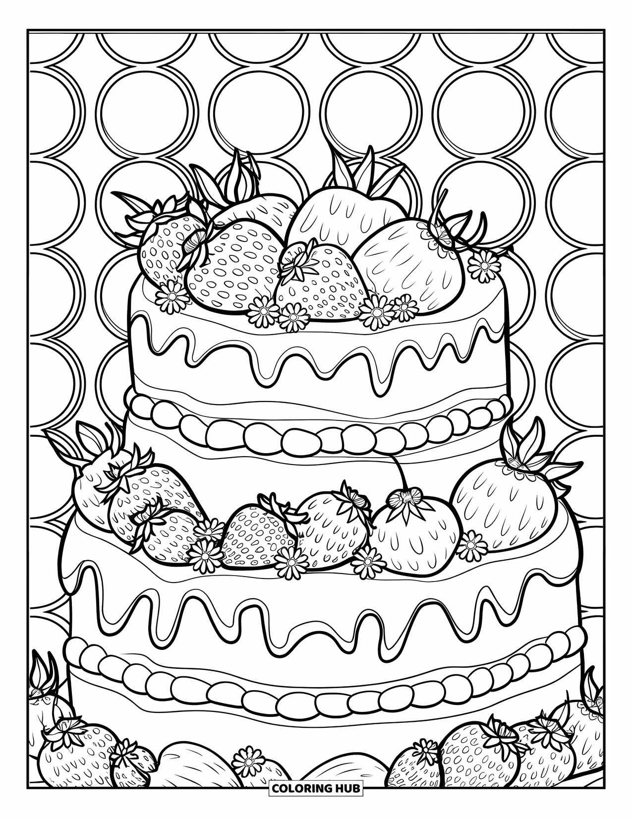 Birthday Cake Coloring Page for Adults: A tall cake topped with fruits and piped cream rests on a background of circles