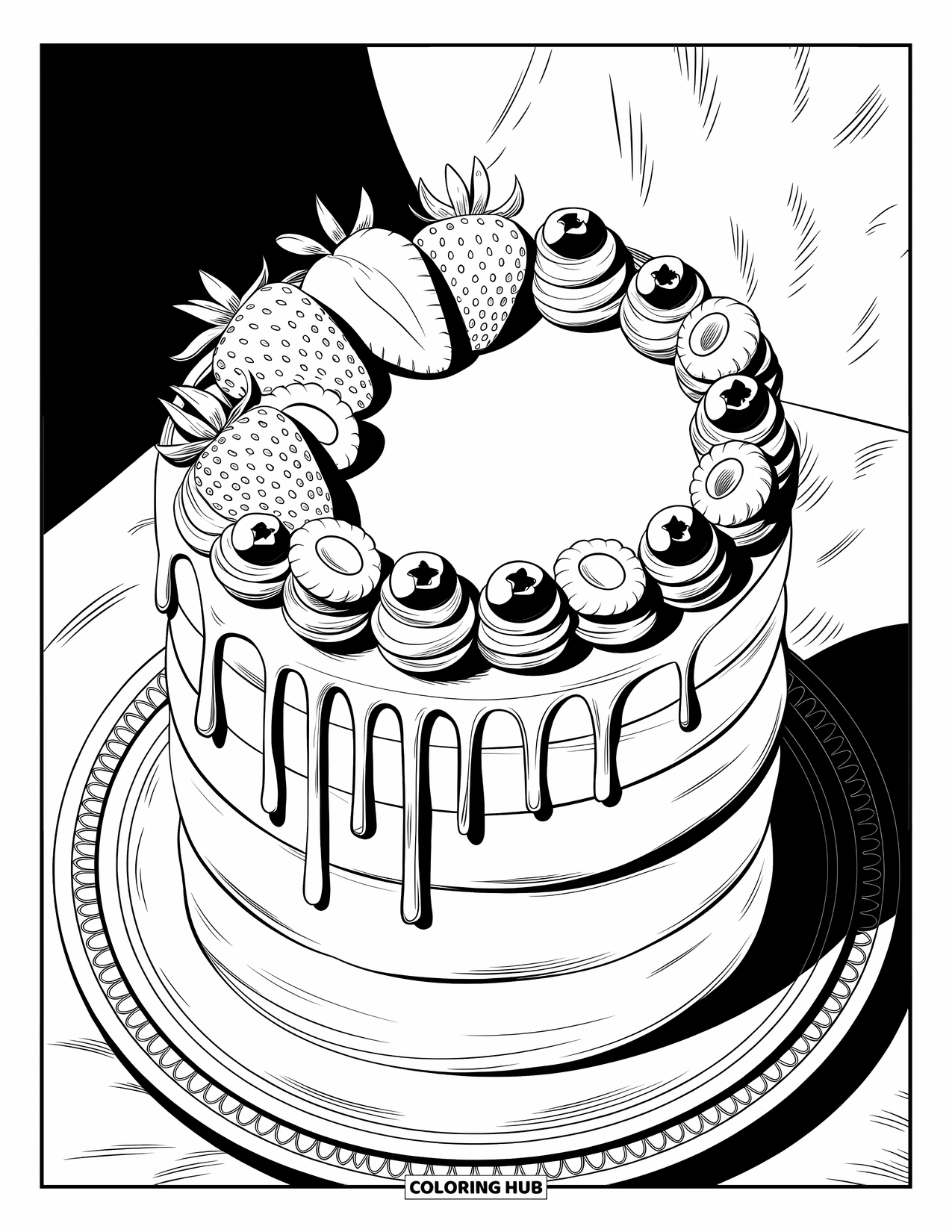 Birthday Cake Coloring Page for Adults: A tall cake with berries and piped cream sits on a plate over a textured surface