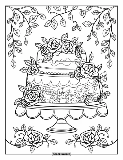 Fargeleggingsark med bursdagskake for voksne: En retrostil kake med blomsterranker på et stativ omgitt av bladmønstre