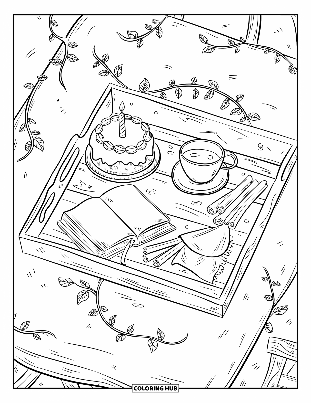 Birthday Cake Coloring Page for Adults: A wooden tray with a cake, book, tea, and vines adds a warm, homey touch