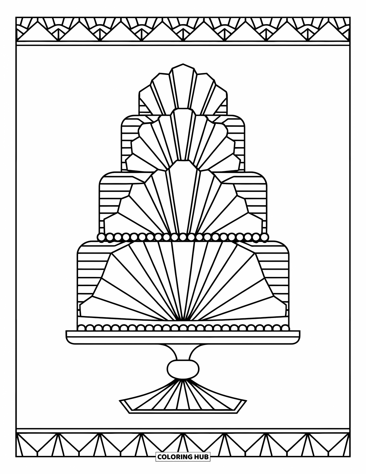 Birthday Cake Coloring Page for Adults: An Art Deco cake with fans and pearls stands tall inside a geometric frame