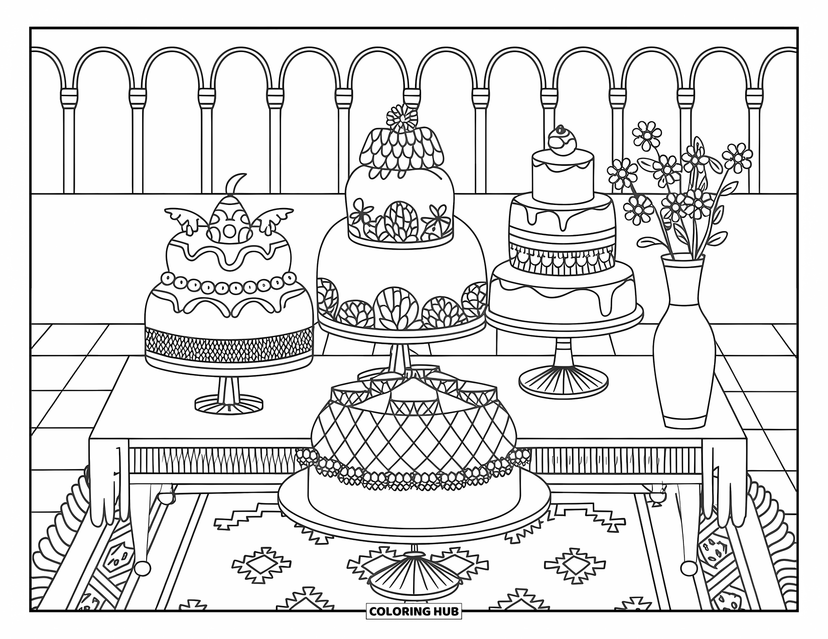 Birthday Cake Coloring Page for Adults: Five decorated cakes sit on a table near flowers and arched architecture