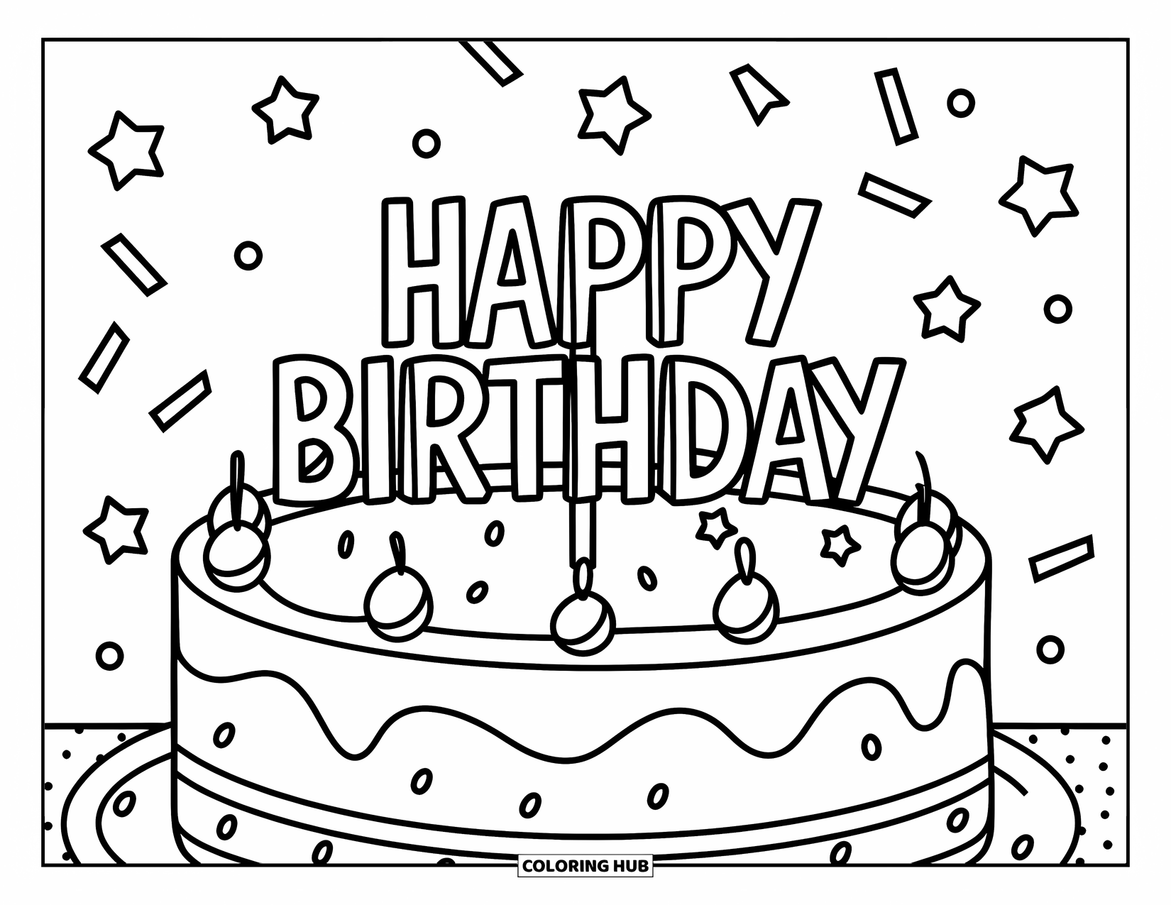 Birthday Cake Coloring Page for Kids: A big round cake with a "Happy Birthday" topper sits among stars and confetti