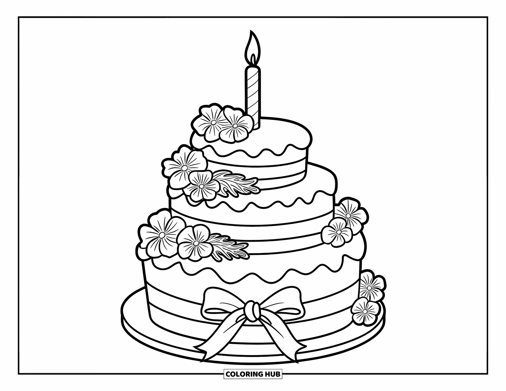 Birthday Cake Coloring Page for Kids: A birthday cake with floral frosting, ribbon, and a candle sits ready to celebrate