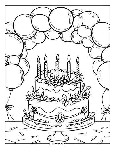 Fargeleggingsark med bursdagskake for barn: En bursdagskake med blomster, lys og banner stråler under en ballongbue