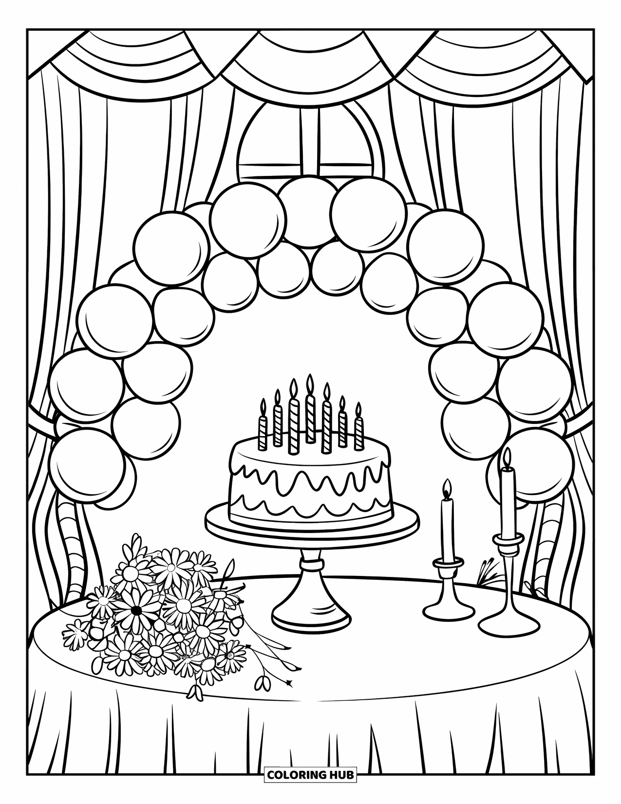 Birthday Cake Coloring Page for Kids: A birthday party setup with a decorated cake, balloon arch, and flower-filled table