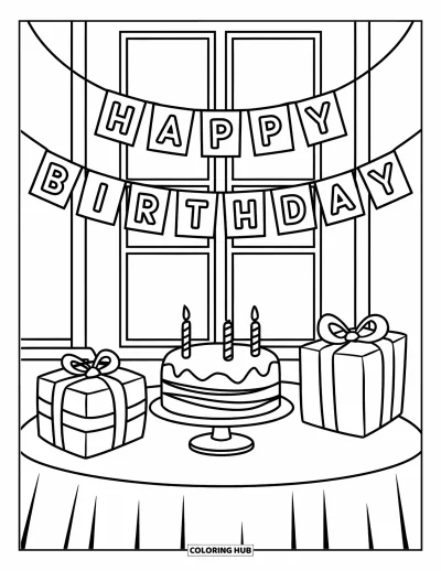 Fargeleggingsark med bursdagskake for barn: Et bursdagsbord med kake, gaver og et "Happy Birthday"-banner henger i et hyggelig rom