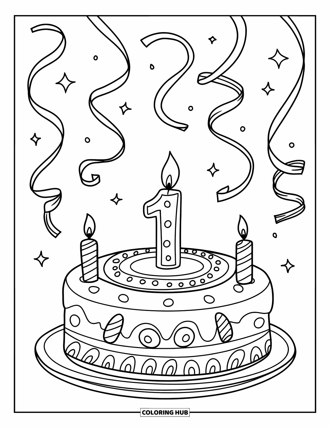 Birthday Cake Coloring Page for Kids: A cake with a "1" candle and floating streamers feels extra special
