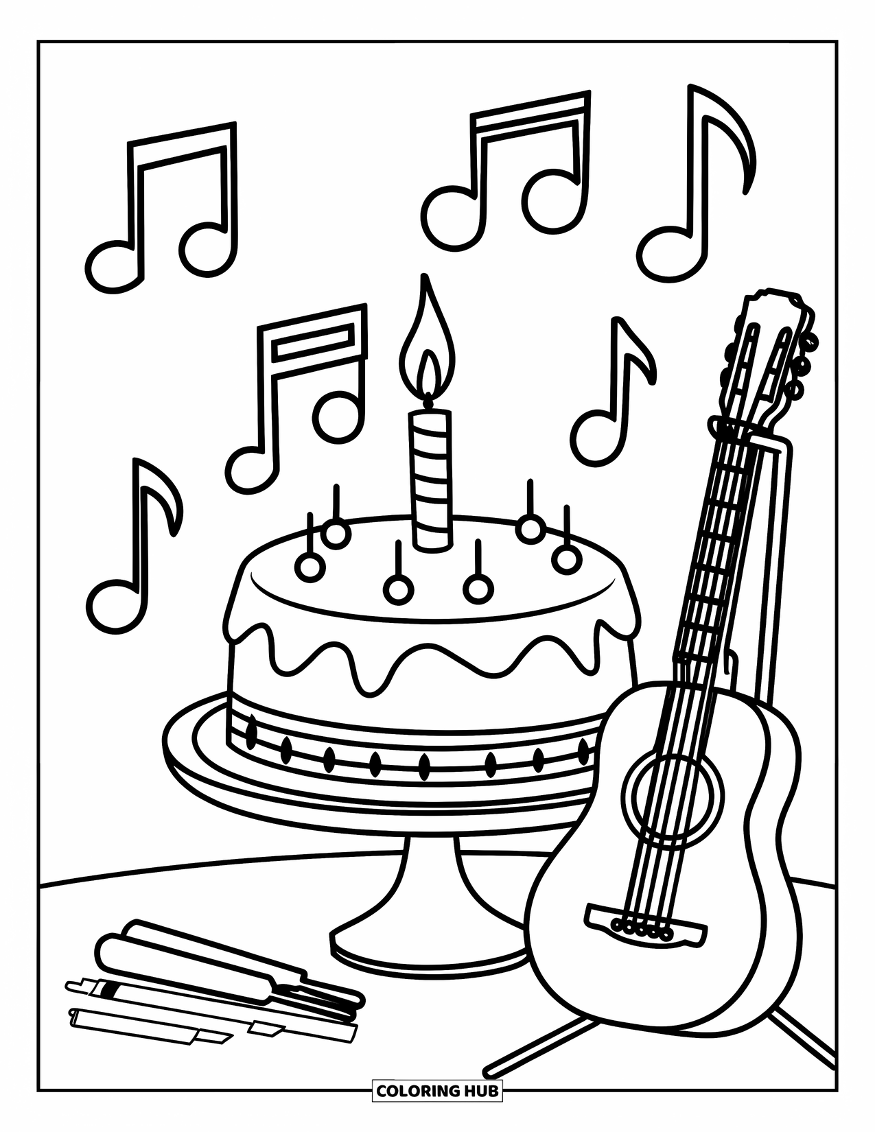 Birthday Cake Coloring Page for Kids: A cake with a candle and musical notes stands beside a leaning guitar
