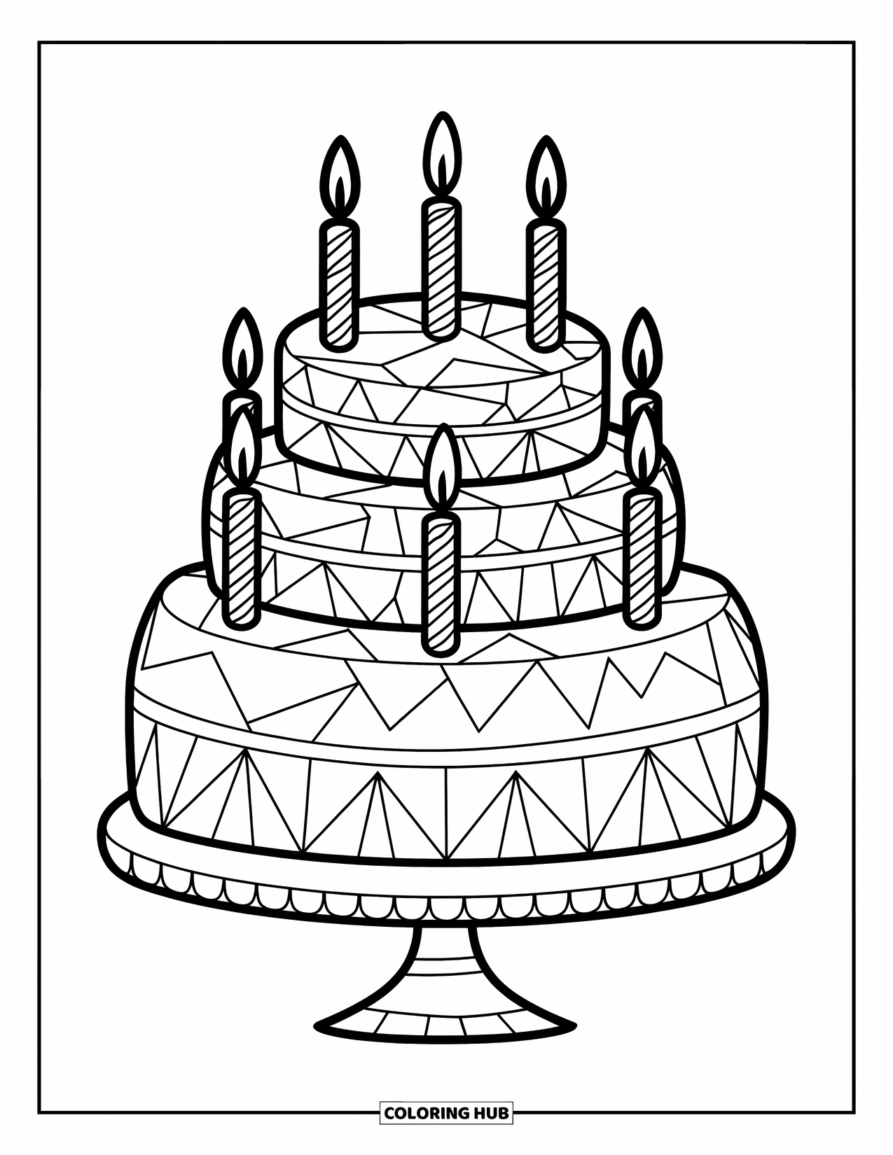 Birthday Cake Coloring Page for Kids: A cake with bold geometric frosting and seven candles stands tall on a cake stand