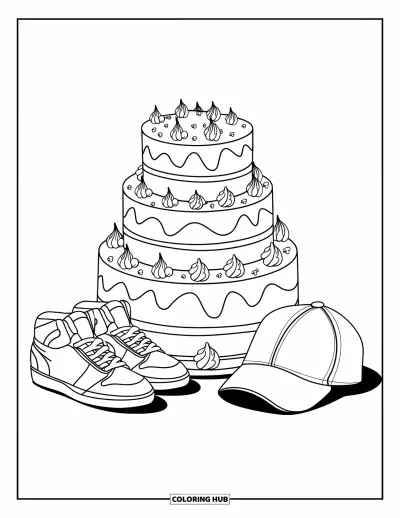 Fargeleggingsark med bursdagskake for barn: En kul kake med strøssel, sneakers og caps setter feststemningen