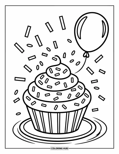 Fargeleggingsark med bursdagskake for barn: En muffins med en ballong over seg gir en morsom og munter bursdagsfølelse