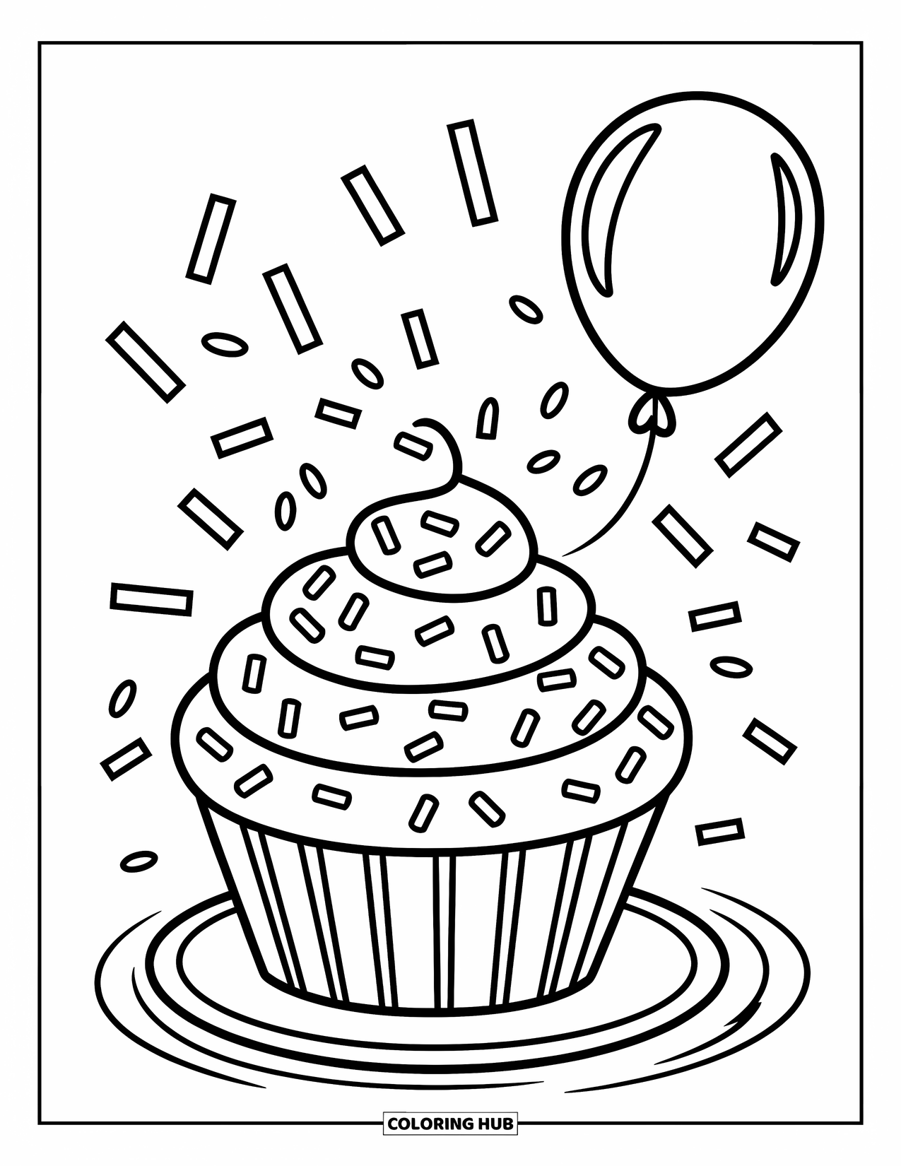 Birthday Cake Coloring Page for Kids: A cupcake with a balloon above it gives off a fun, cheerful birthday feel