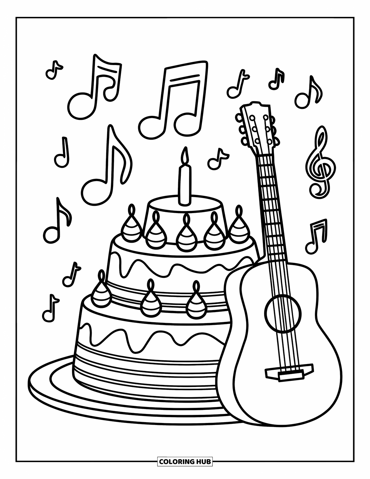 Birthday Cake Coloring Page for Kids: A festive cake with musical notes and a guitar nearby sets a fun scene