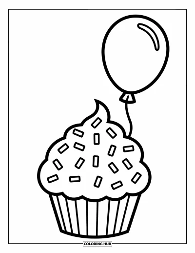 Fargeleggingsark med bursdagskake for barn: En glad muffins med strøssel og en svevende ballong gir en festlig stemning