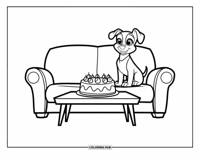 Fargeleggingsark med bursdagskake for barn: En glad hund med festlue sitter i sofaen med en bursdagskake i nærheten