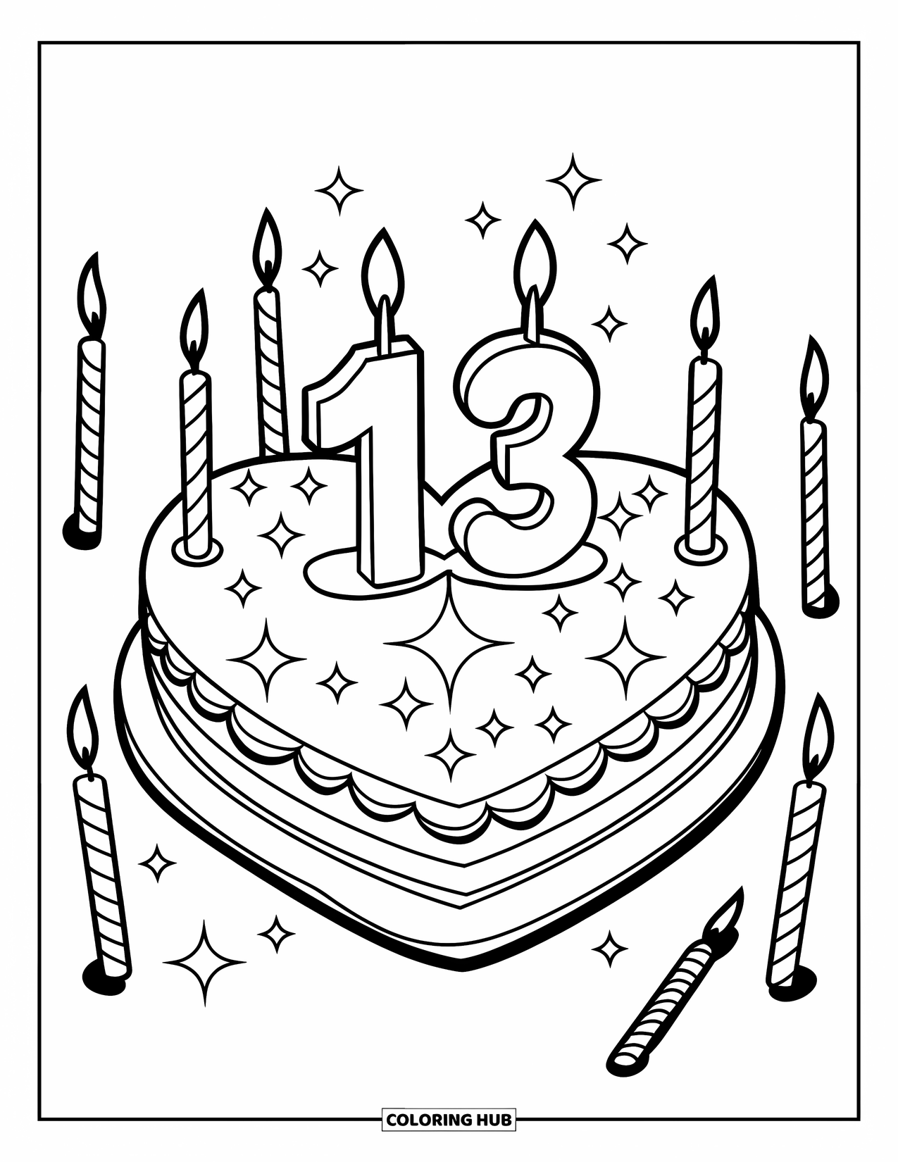 Birthday Cake Coloring Page for Kids: A heart cake with a "13" topper and candles glows with festive sparkle