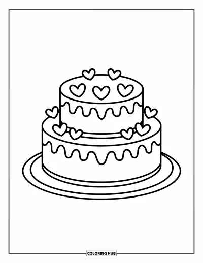 Fargeleggingsark med bursdagskake for barn: En hjertedekorert kake med et lys hviler på en rund tallerken