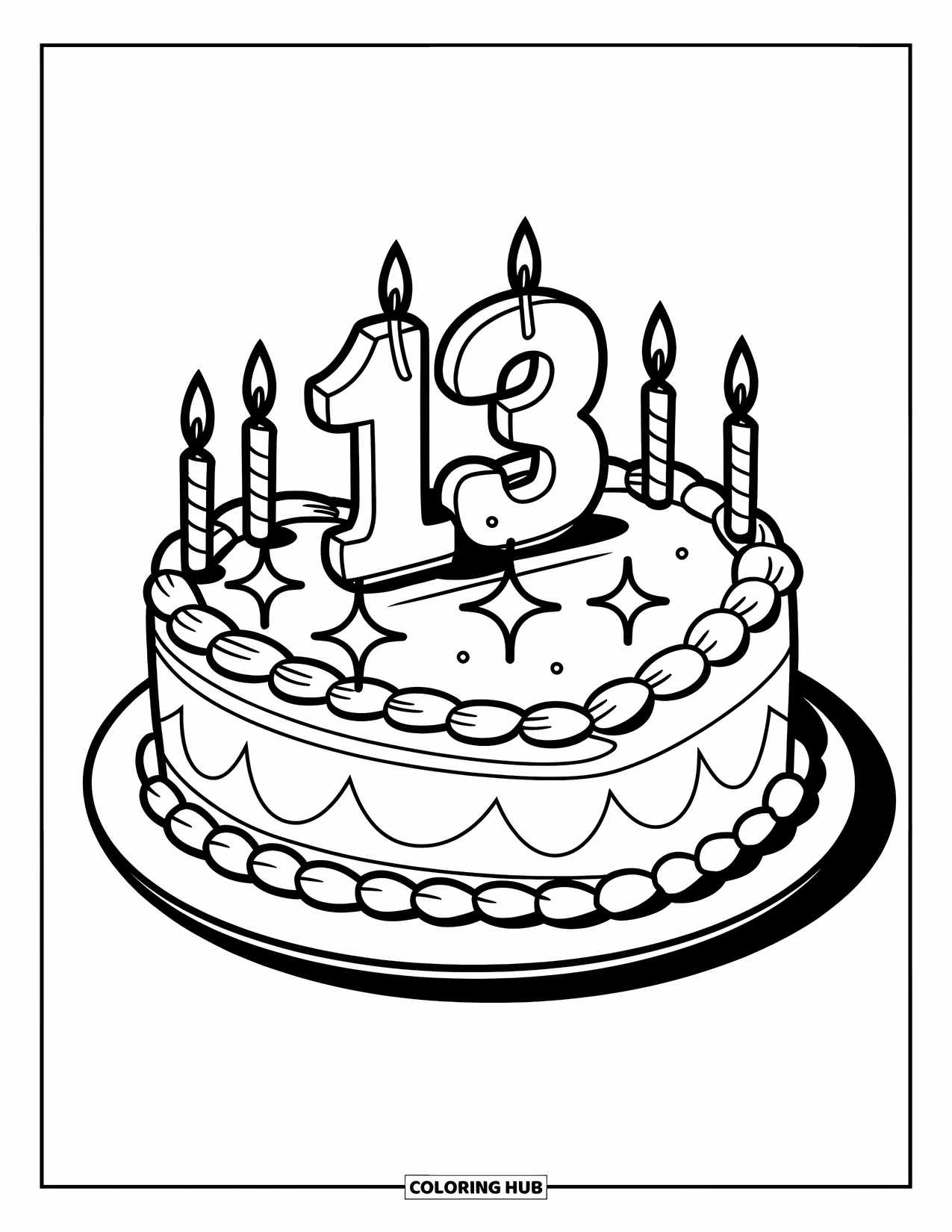 Birthday Cake Coloring Page for Kids: A heart-shaped cake with a "13" topper and sparkles shines on a plate