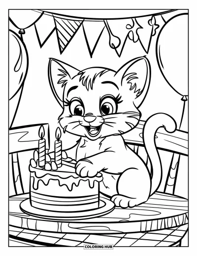 Fargeleggingsark med bursdagskake for barn: En katt med bursdagskake sitter på et bord med ballonger og banner bak