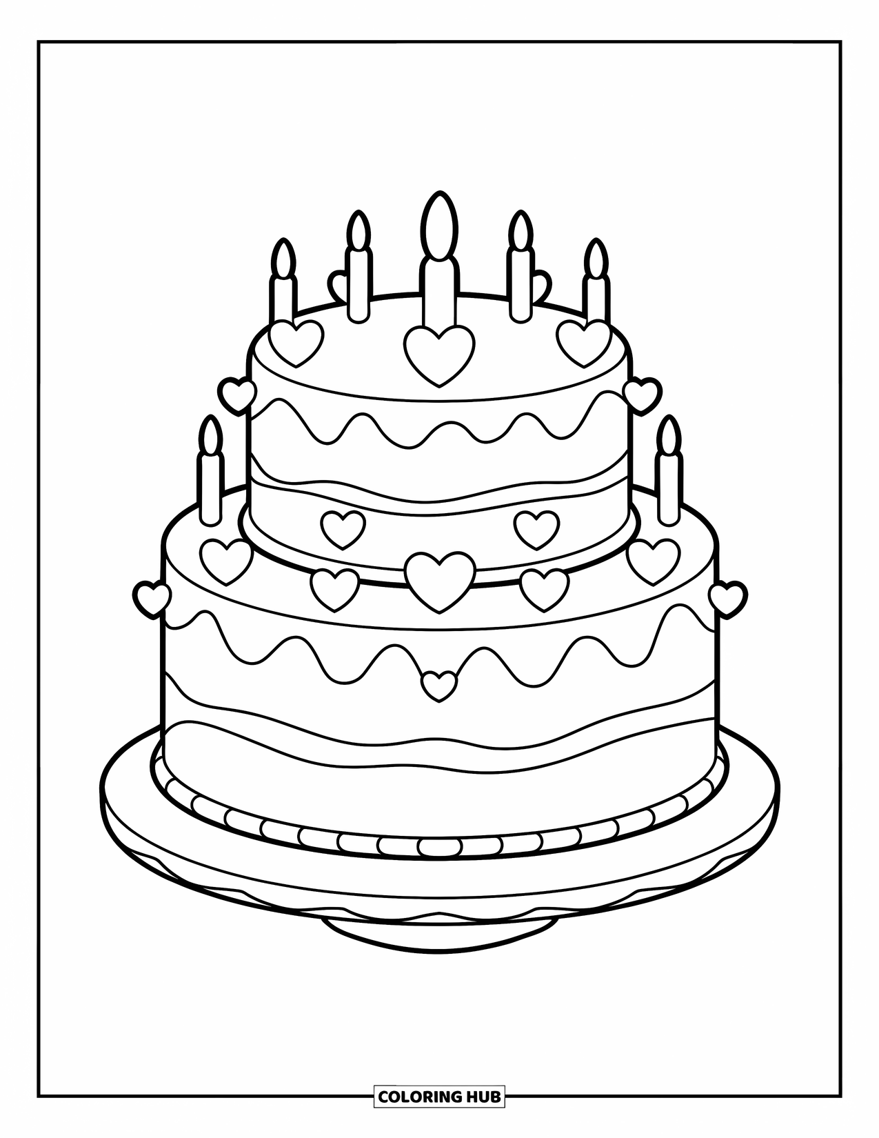 Birthday Cake Coloring Page for Kids: A layered cake with heart toppers and decorations stands neatly on a cake stand