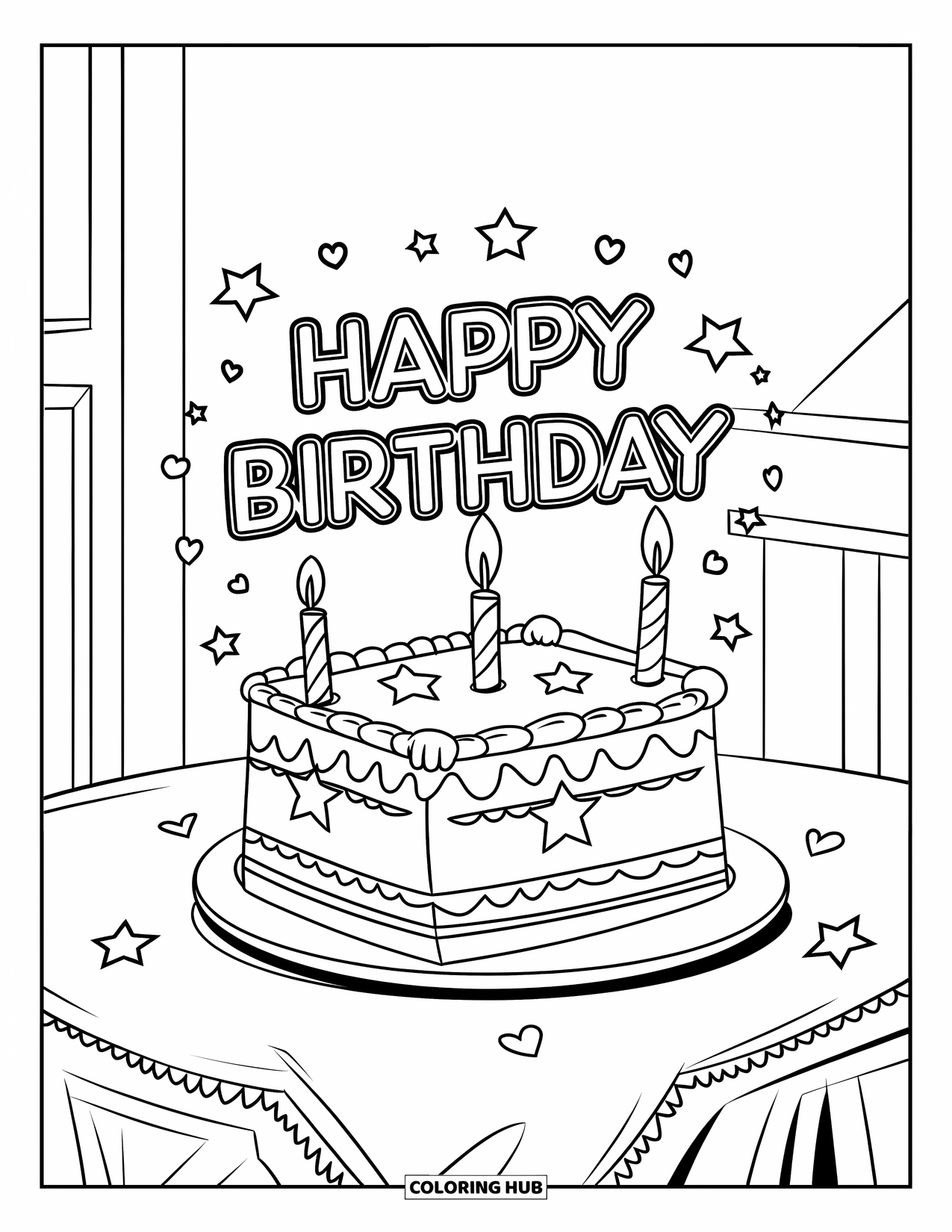Birthday Cake Coloring Page for Kids: A lit candle cake with stars and hearts sits on a decorated party table