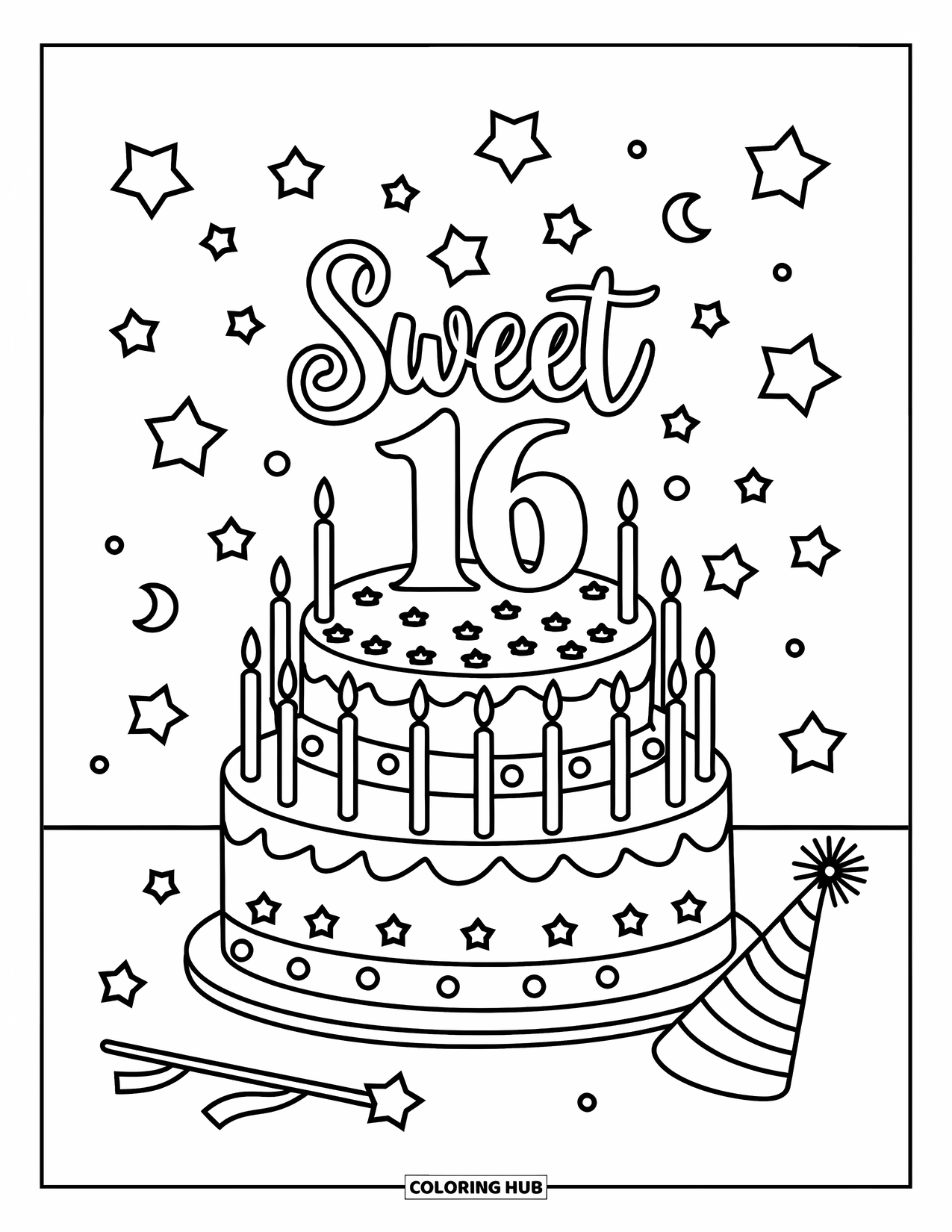 Birthday Cake Coloring Page for Kids: A magical "Sweet 16" cake is surrounded by candles, a hat, and a party wand