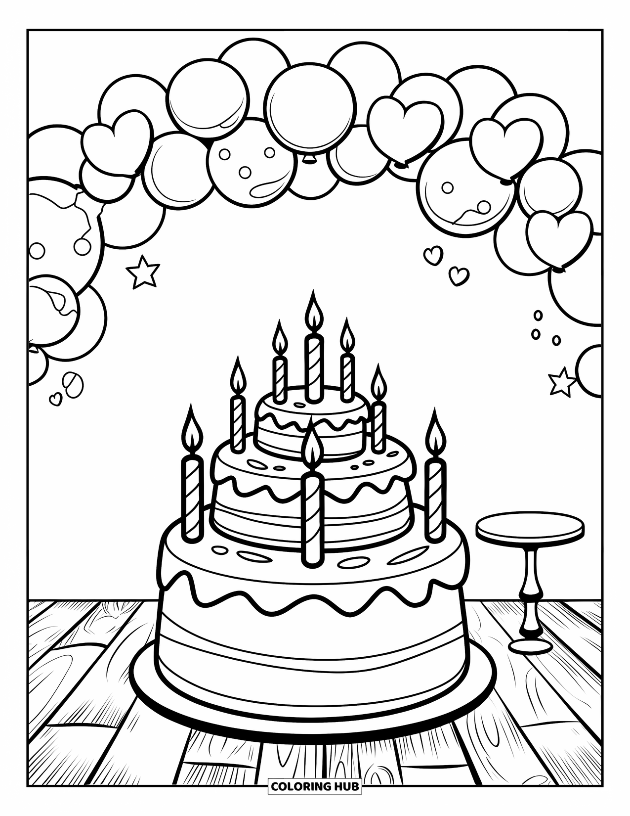 Birthday Cake Coloring Page for Kids: A multi-layer cake with candles stands beside a small table under a fun balloon arch