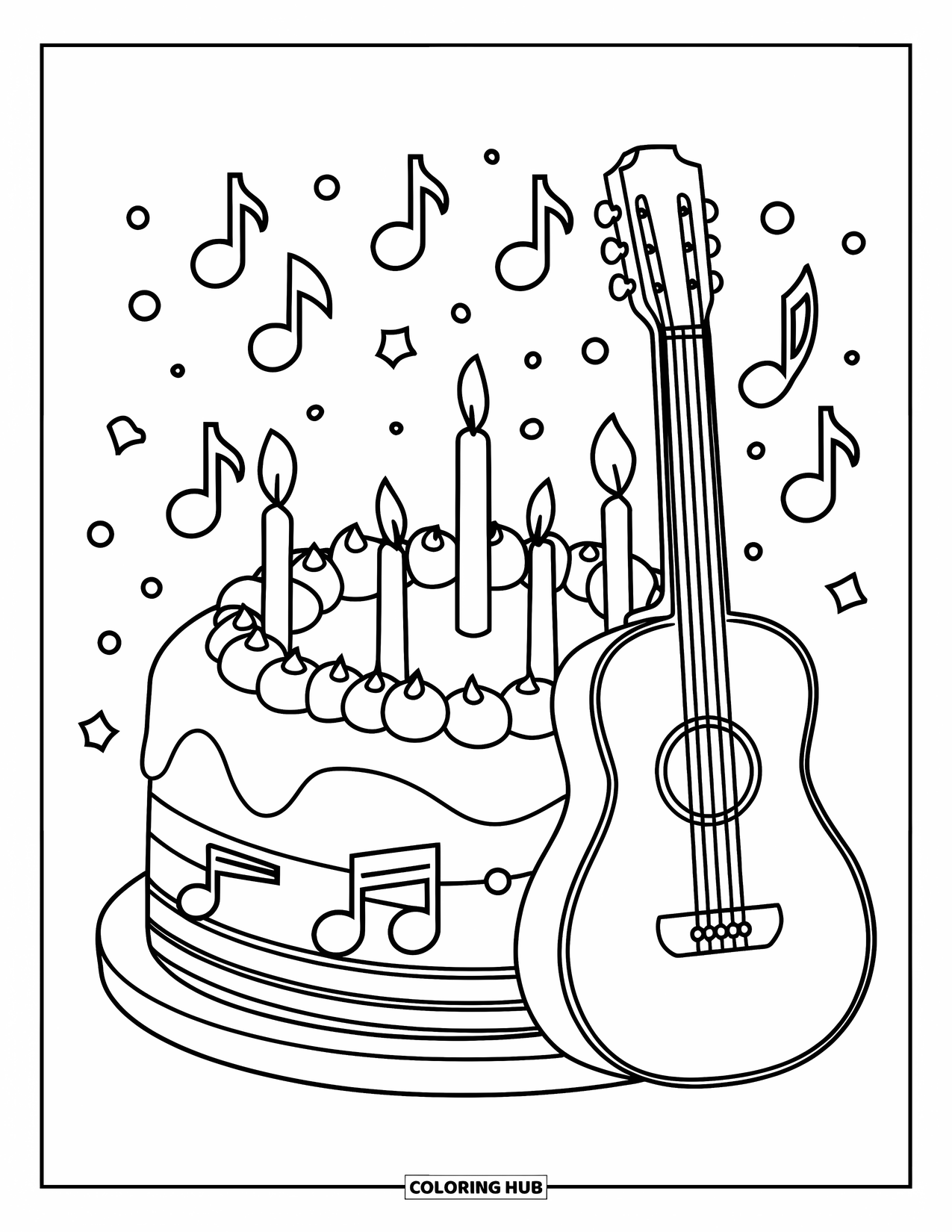 Birthday Cake Coloring Page for Kids: A music-themed cake with fondant and a guitar nearby creates a lively celebration