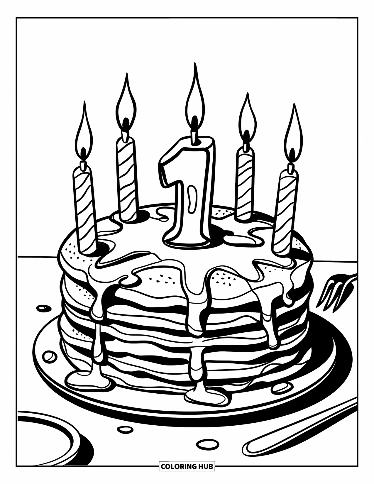 Birthday Cake Coloring Page for Kids: A pancake cake with a "1" candle sits beside a small plate and fork