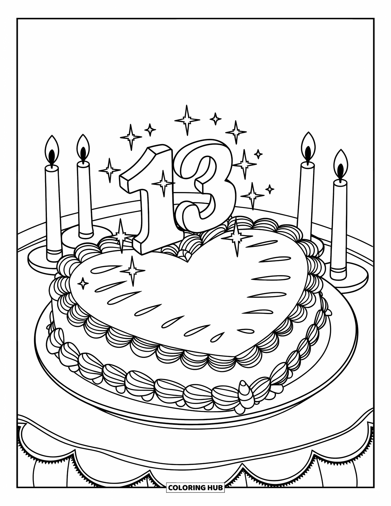 Birthday Cake Coloring Page for Kids: A romantic heart cake with "13" topper, candles, and sparkles adds a joyful vibe
