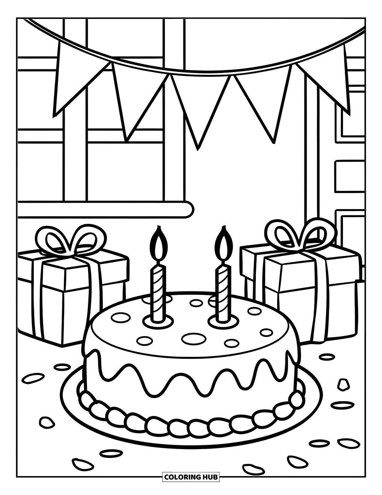 Birthday Cake Coloring Page for Kids: A room with a cake, gifts, and bunting makes a charming birthday moment