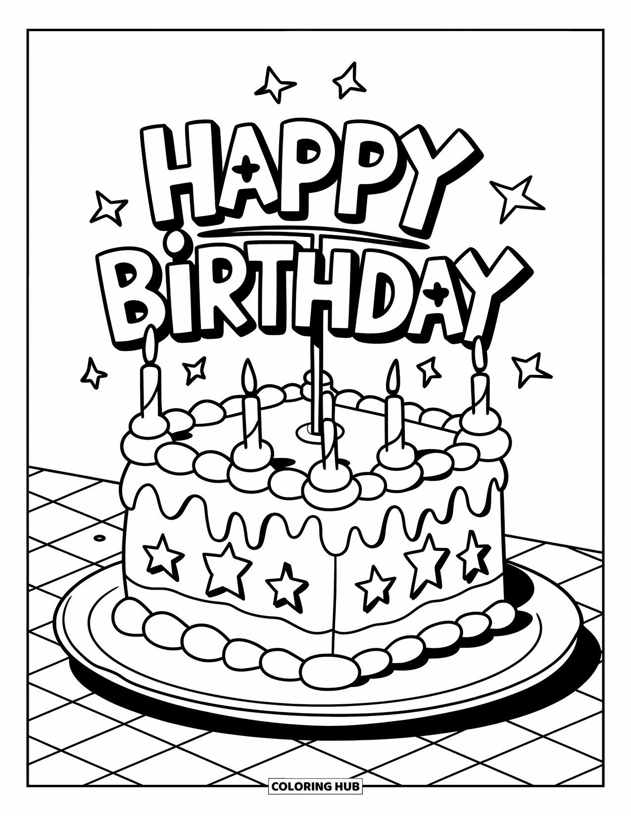 Birthday Cake Coloring Page for Kids: A small cake with a topper and stars sits on a checkered party table