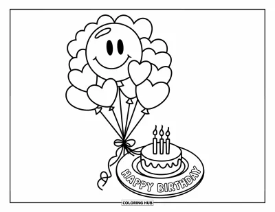 Fargeleggingsark med bursdagskake for barn: En gjeng med smilende ballonger svever over en liten kake med lys og en bursdagshilsen