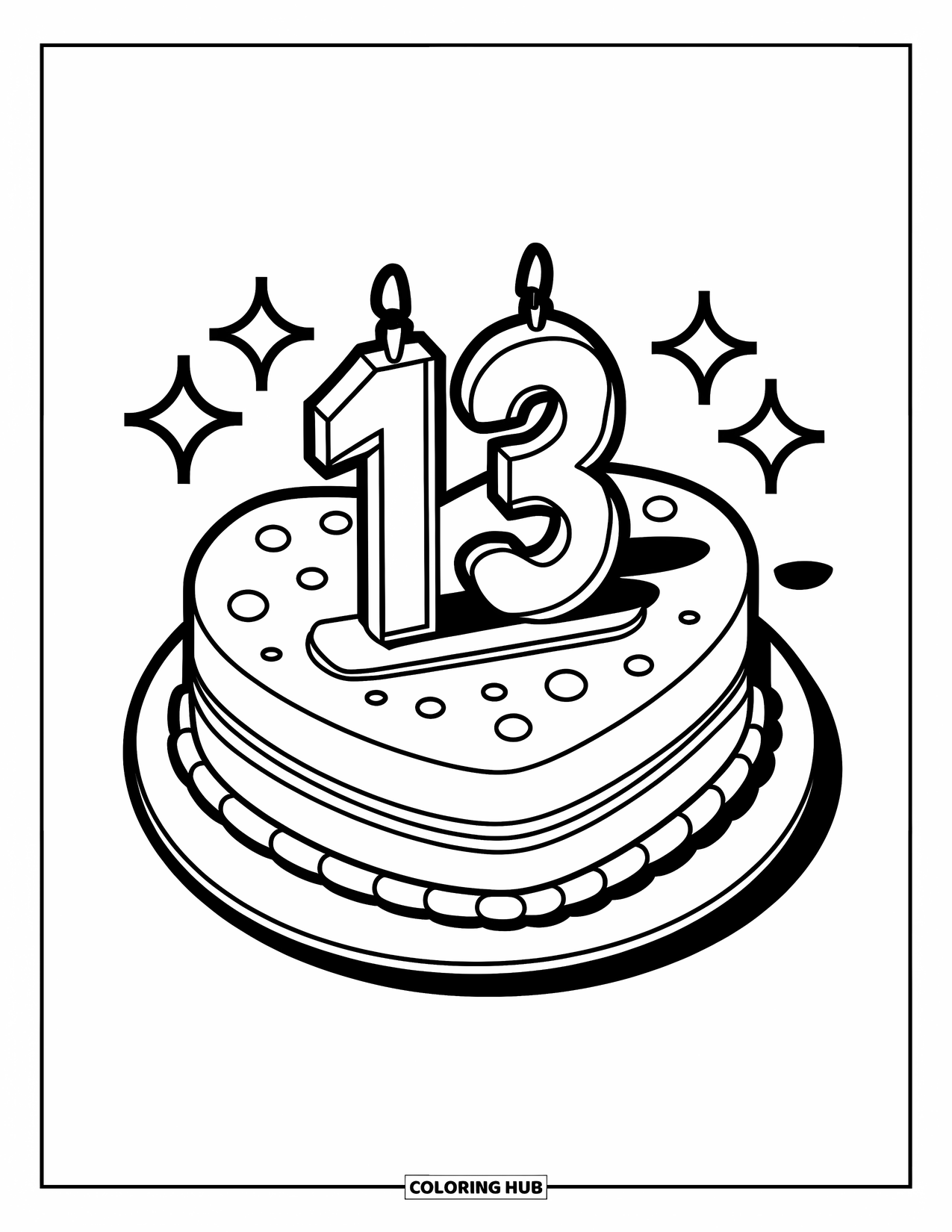 Birthday Cake Coloring Page for Kids: A sparkly heart cake with the number "13" sits proudly on a plate