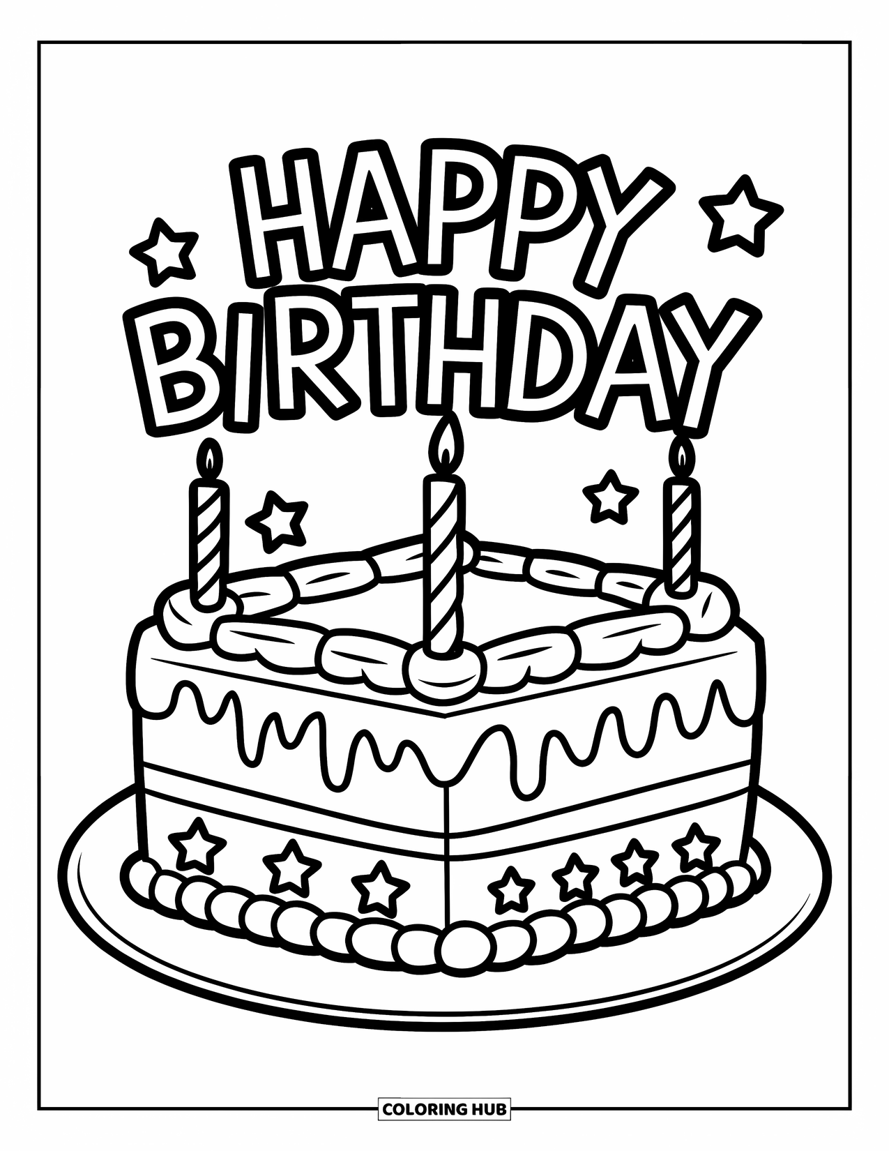 Birthday Cake Coloring Page for Kids: A square cake with star decorations and a birthday topper stands with two candles