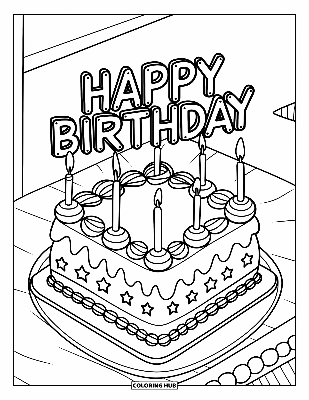 Birthday Cake Coloring Page for Kids: A square cake with stars and candles shares a happy birthday moment