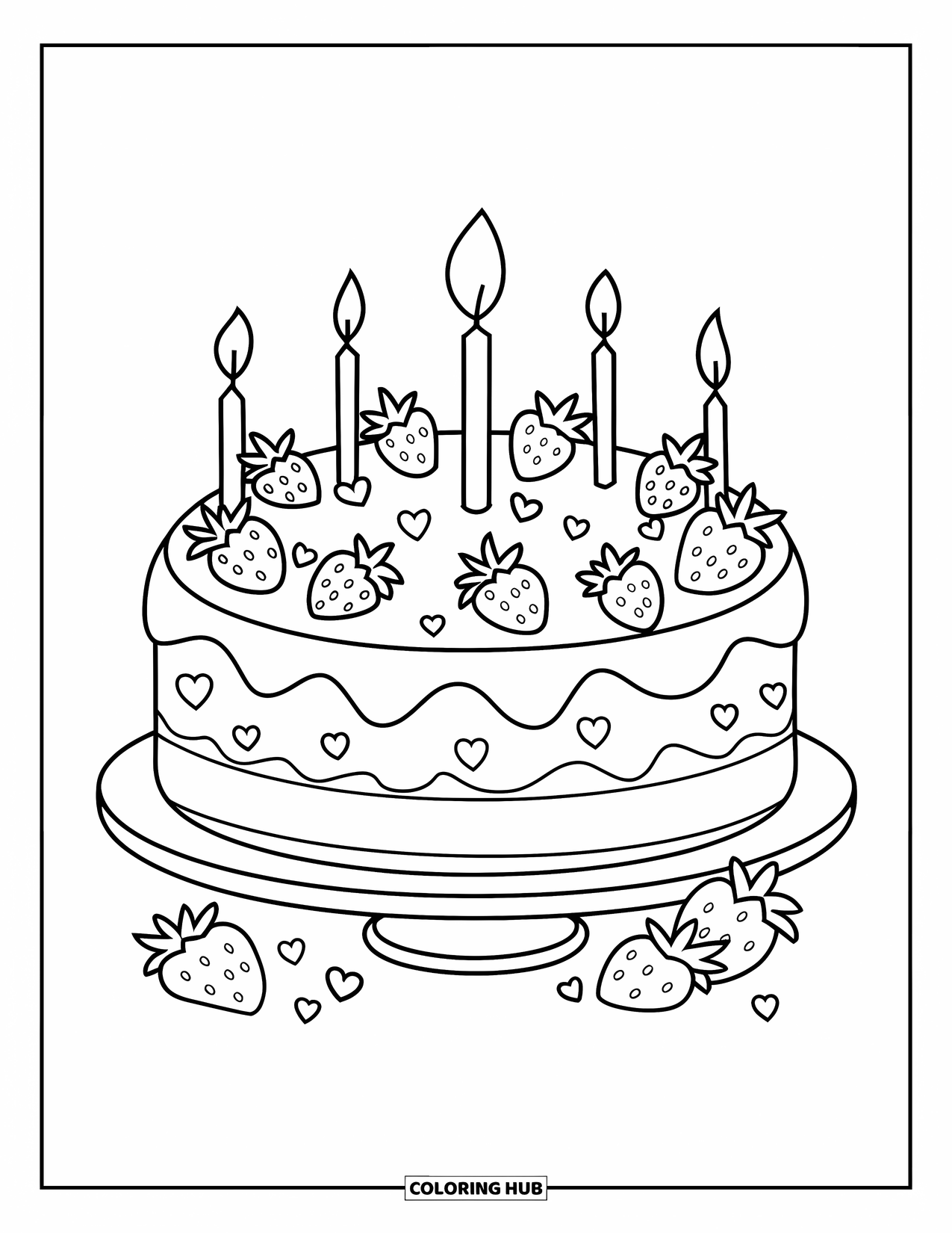 Birthday Cake Coloring Page for Kids: A strawberry-topped cake with hearts and candles rests on a party stand