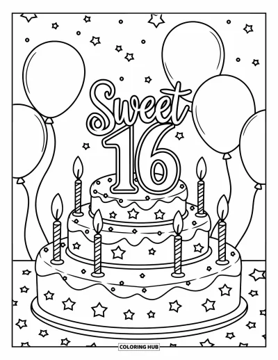 Fargeleggingsark med bursdagskake for barn: En "Sweet 16"-kake stråler med stjerner, måner, ballonger og glødende bursdagslys