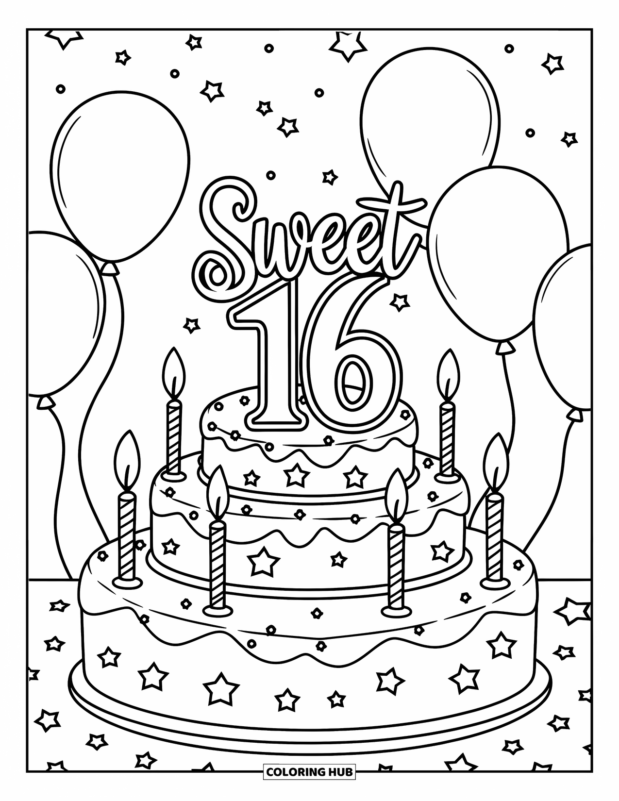 Birthday Cake Coloring Page for Kids: A "Sweet 16" cake shines with stars, moons, balloons, and glowing birthday candles