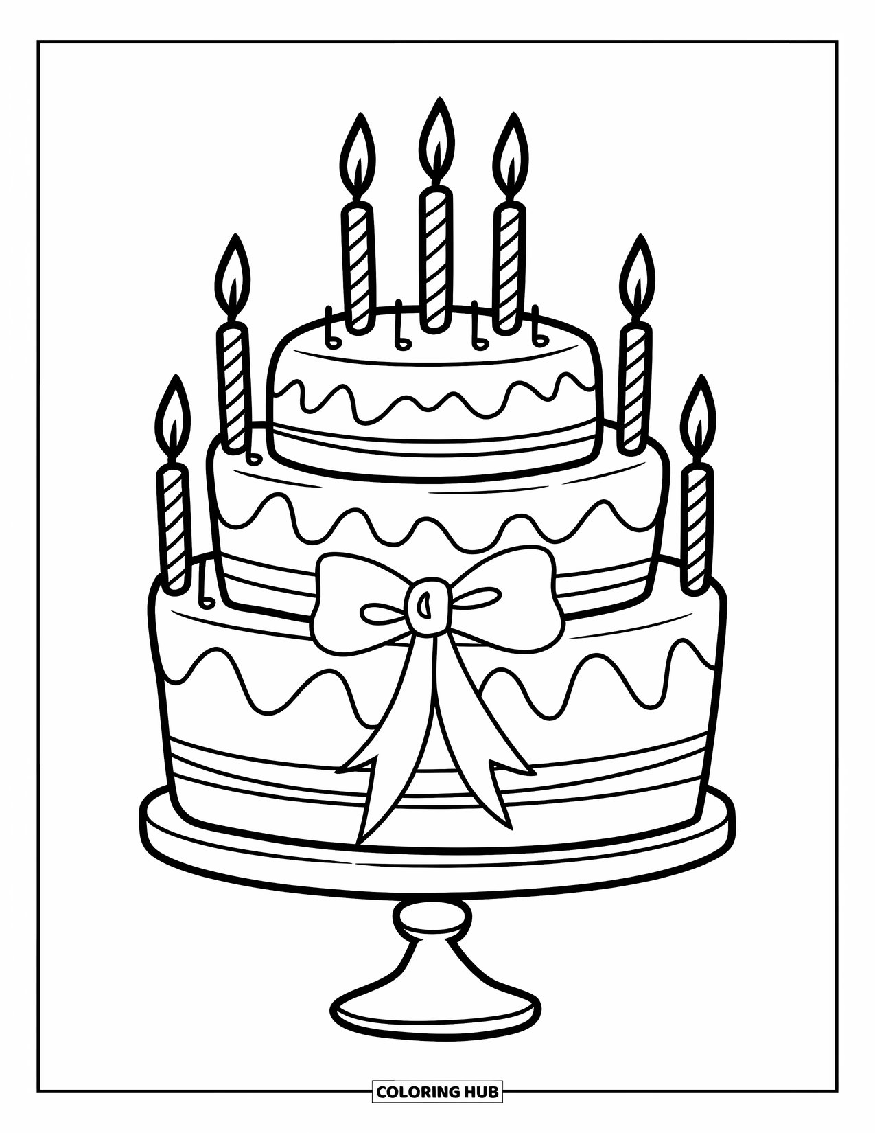 Birthday Cake Coloring Page for Kids: A tall cake with a bowtie and striped icing stands on a cake stand with candles