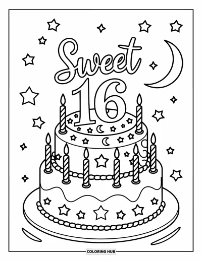 Fargeleggingsark med bursdagskake for barn: En høy "Sweet 16"-kake med stjerner, måner og lys glør under en halvmåne