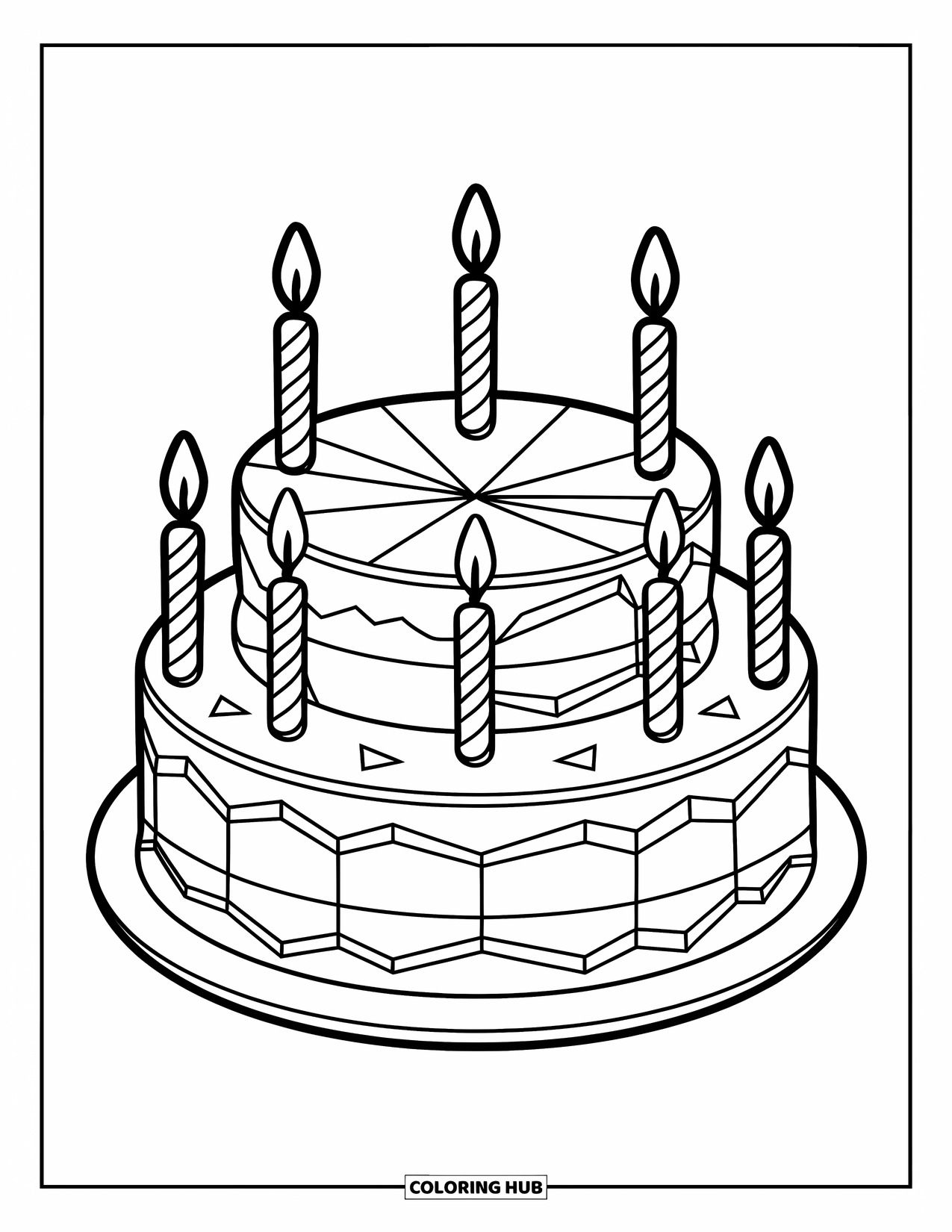 Birthday Cake Coloring Page for Kids: A trendy three-layer cake with sharp frosting and candles sits ready to celebrate