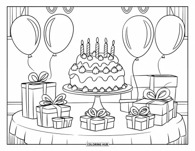 Fargeleggingsark med bursdagskake for barn: En tokjønnlet kake med fondantdetaljer er omgitt av ballonger og båndpyntede gaver