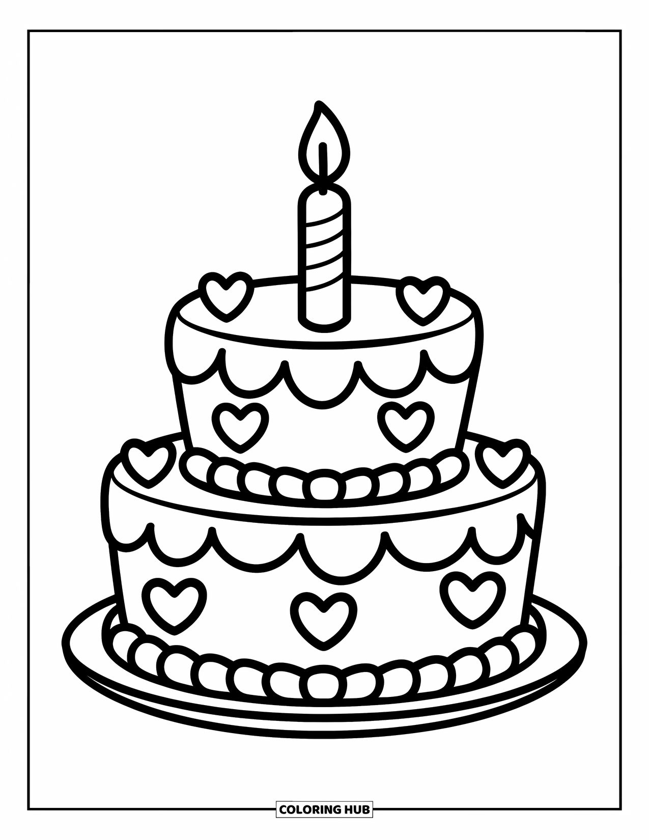 Birthday Cake Coloring Page for Kids: A two-tier cake with heart decorations and a candle sits sweetly on a plate