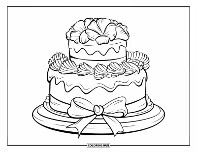 Fargeleggingsark med bursdagskake for barn: En retrostil kake med blomsterglasur og bånd vises vakkert frem