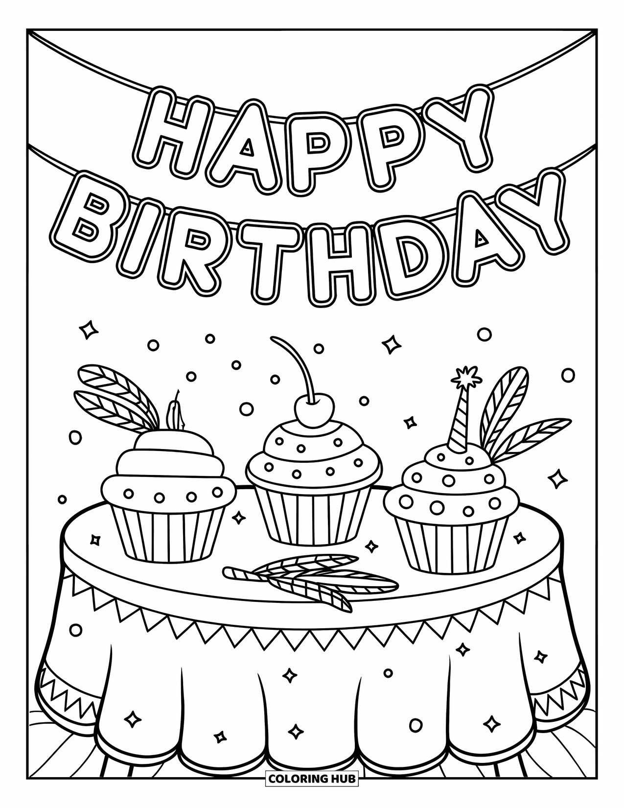 Birthday Cake Coloring Page for Kids: Cupcakes with cherries and party hats sit beneath a birthday banner