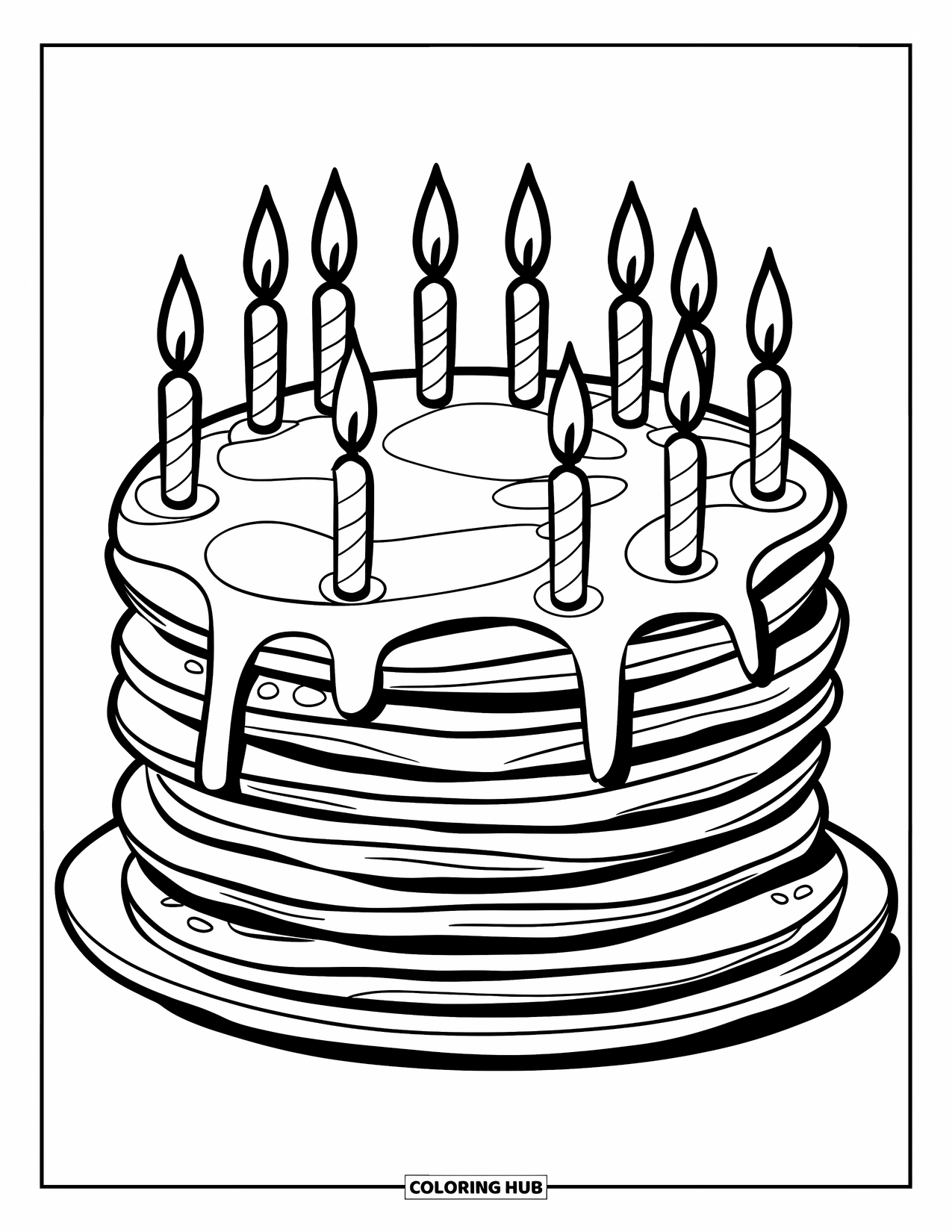 Birthday Cake Coloring Page for Kids: Tall pancake stack with 11 candles creates a cozy birthday moment